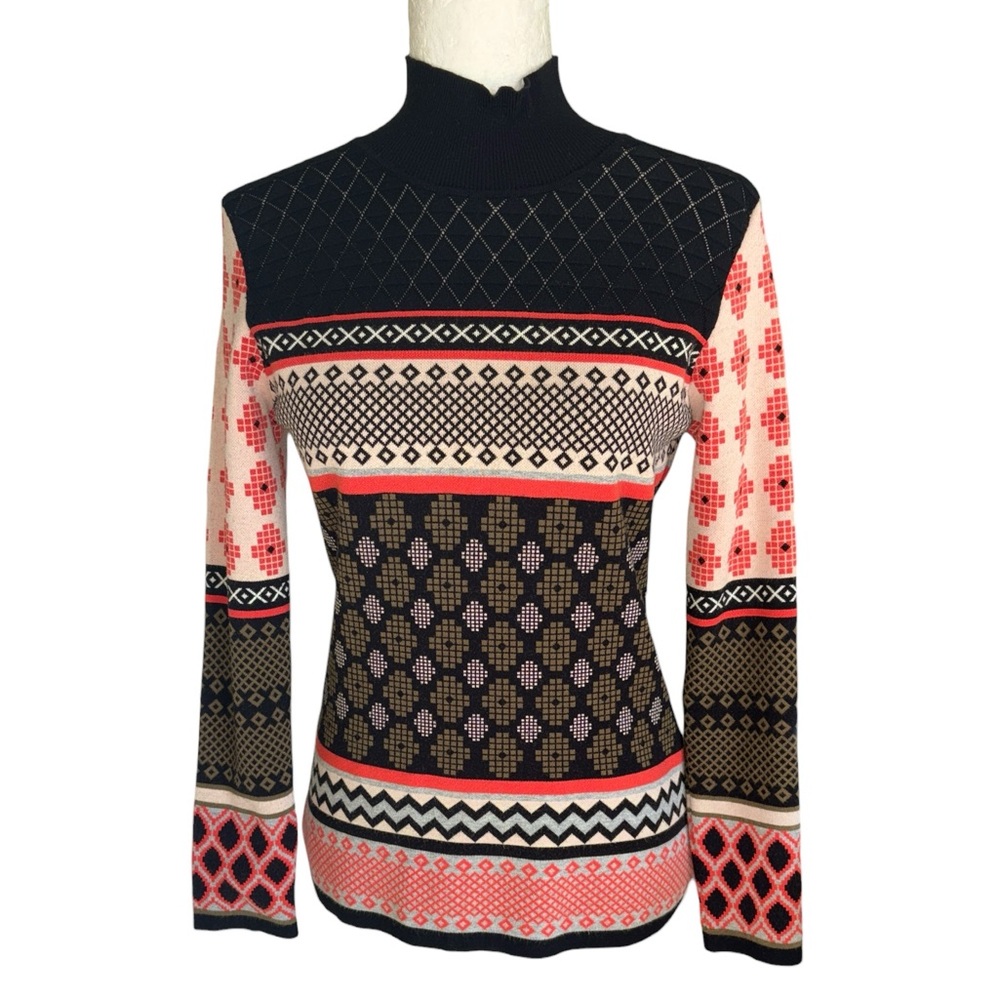 Knitss Breslin Pink Coral Orange Geometric Fair Isle Turtleneck Knit Sweater - S